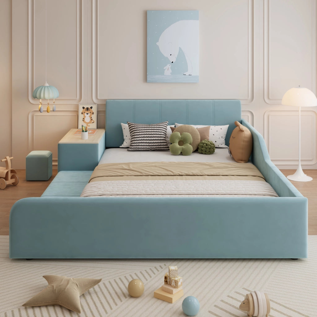 LETTO Singolo 140x200 cm in Velluto Blu con scrivania laterale e sgabello