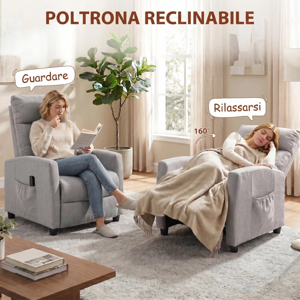 Poltrona Massaggiante e Reclinabile a 160° con Poggiapiedi e Telecomando, 66x91x108 cm, in Ciniglia Grigio Chiaro