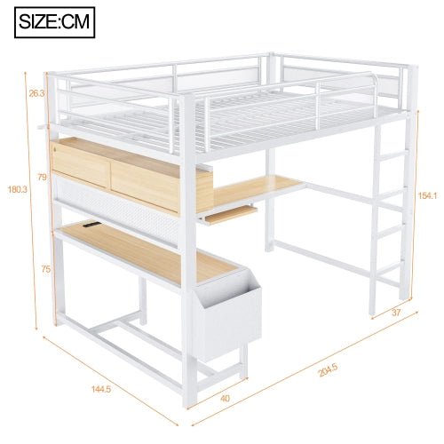 Letto a soppalco con scrivania 140x200 cm LEMONMAX, LED 7 colori, 2 prese e 2 USB, mensole, struttura in metallo, bianco