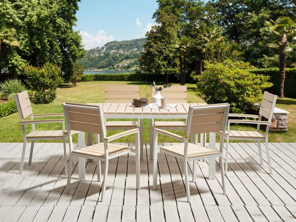 Set da Giardino Tavolo a Doghe beige e Alluminio Bianco e 6 Sedie sedie resistenti agli agenti atmosferici