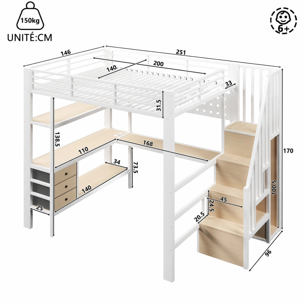 DESMIU Lit mezzanino 140 × 200 cm 1 posto con 3 cassetti, LED regolabile, presa, senza materasso, in MDF e metallo, bianco