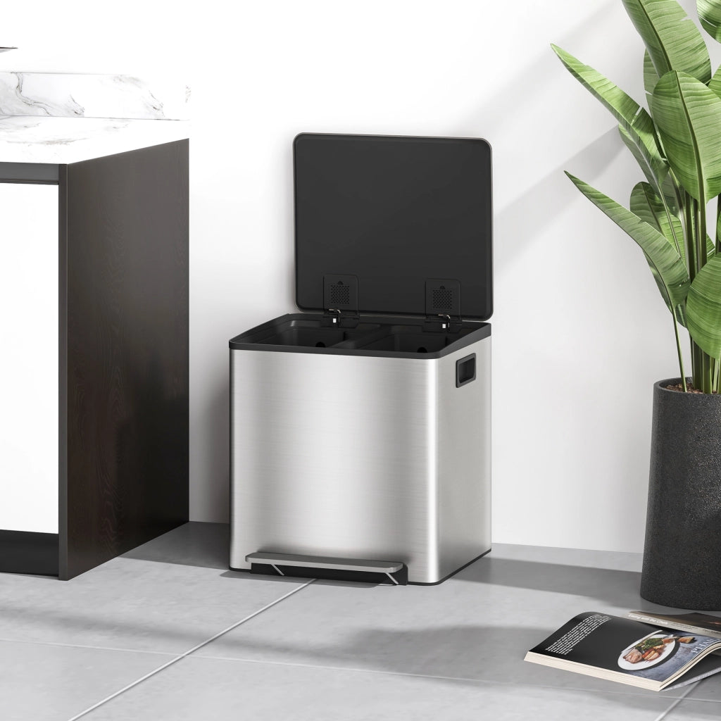 Pattumiera a Pedale 2 Scomparti ¨C Xylo ¨C 15L Acciaio Inox Coperchio Silenzioso 41.8x36.7x44cm