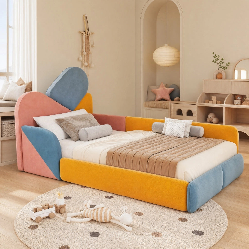 Letto imbottito per bambini 90x200 cm, patchwork multicolore, con sponde laterali rialzate, velluto