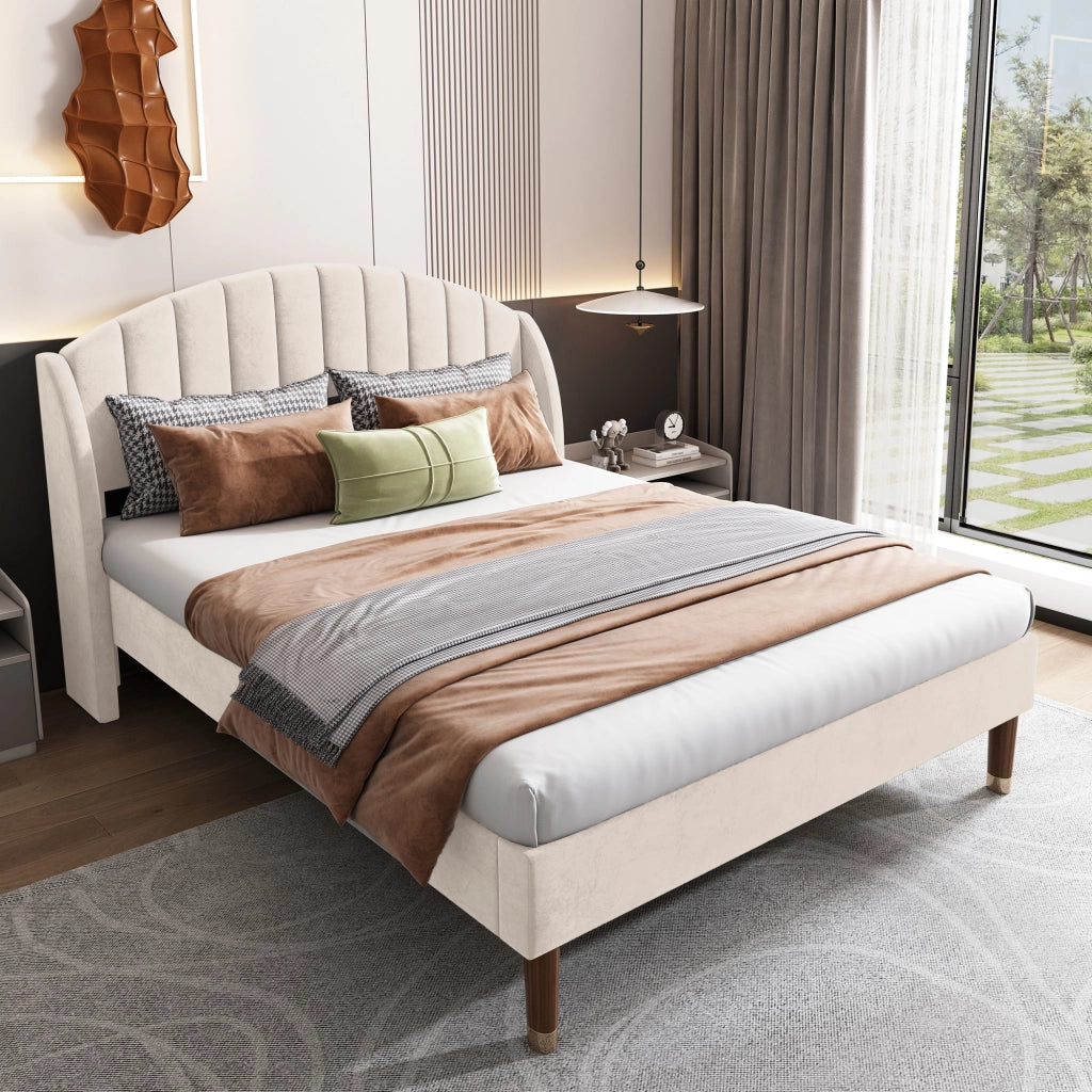 DESMIU Letto Matrimoniale Imbottito 2 Posti con Testiera Imbottita, Struttura Stabile, 140 × 190 cm, Senza Materasso, Beige