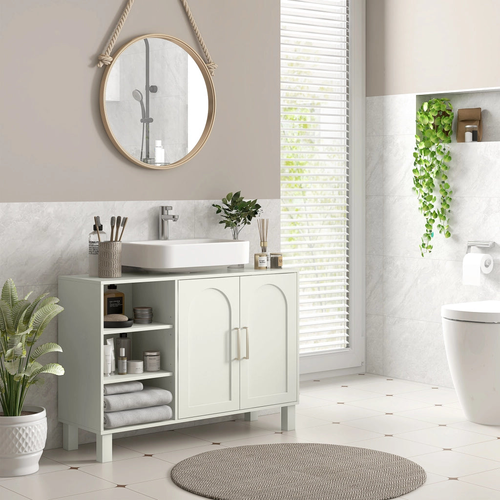 Mobile sottolavabo da bagno ¨C Xylo ¨C 2 ante, ripiani regolabili, 90x30x63 cm, crema