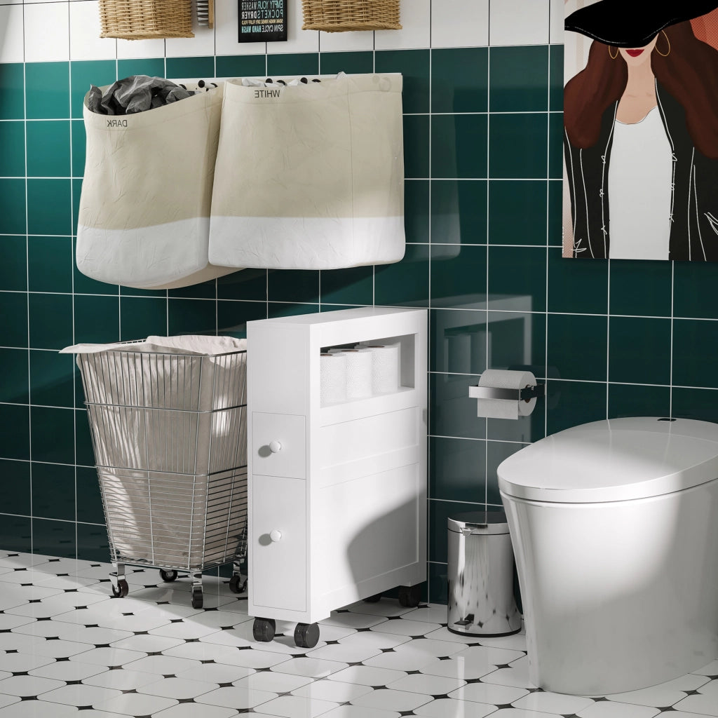Mobiletto da Bagno con Cassetti e Ruote ¨C Zephmum ¨C Legno Bianco 16x52x71.5 cm