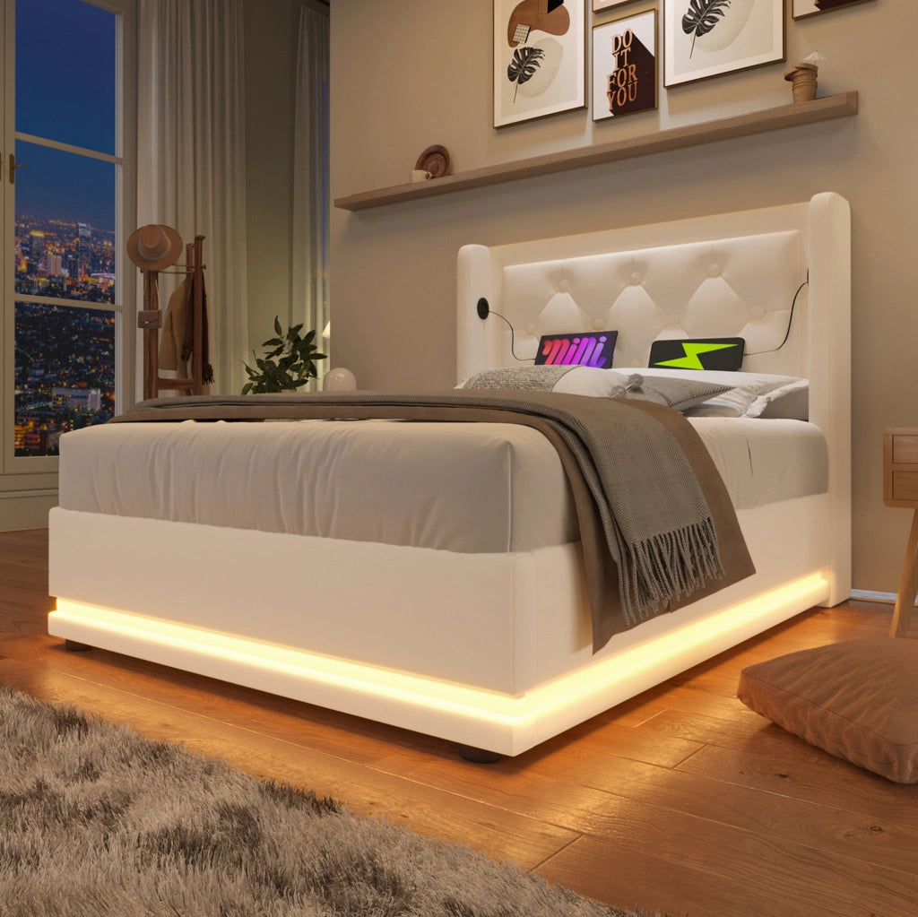 Letto imbottito 90x200 cm con materasso, contenitore e testiera con USB e LED