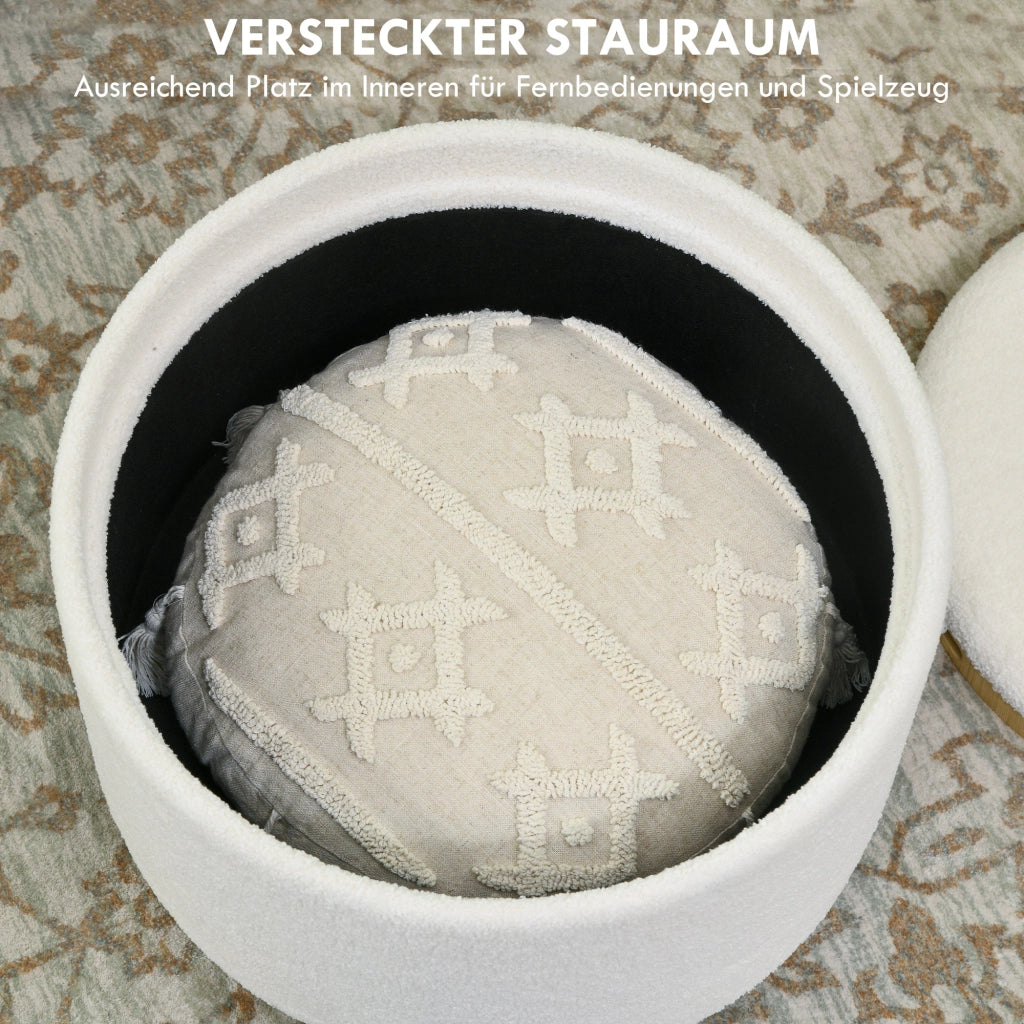 Pouf Imbottito con Stoccaggio ¨C Minimal ¨C 56x56x42 cm, Bianco, Tessuto Teddy