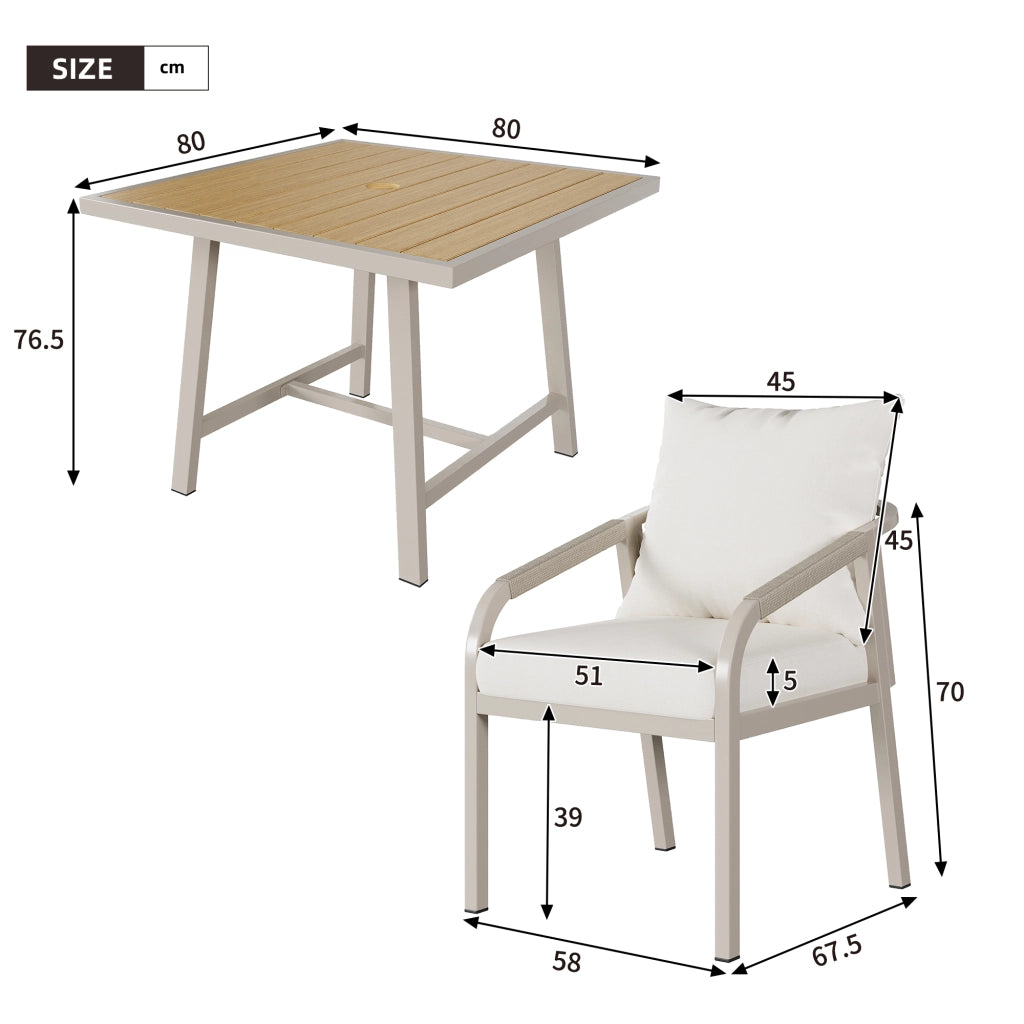 Set pranzo giardino 4 persone: 1 tavolo + 4 sedie; acciaio zincato; legno-plastica; design corda; kaki/beige