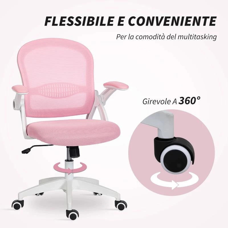 SEDIA DA UFFICIO ERGONOMICA E REGOLABILE CON SCHIENALE A RETE E SEDUTA IMBOTTITA, 65.5X61.5X88-97.5 CM, ROSA