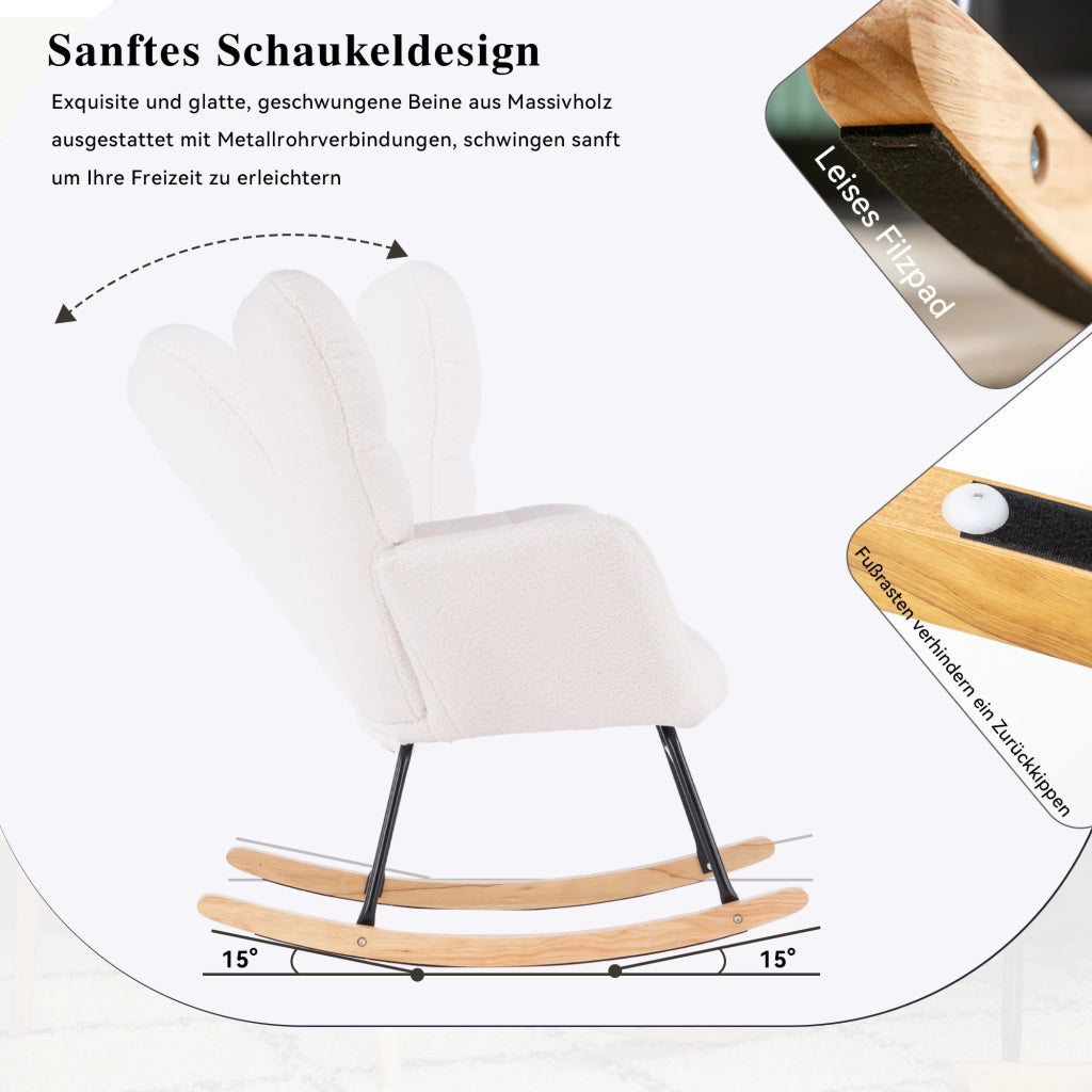 OKWISH Sedia a Dondolo con Schienale Alto Ergonomico e Braccioli Imbottiti, Struttura in Metallo e Legno, Teddy Bianco