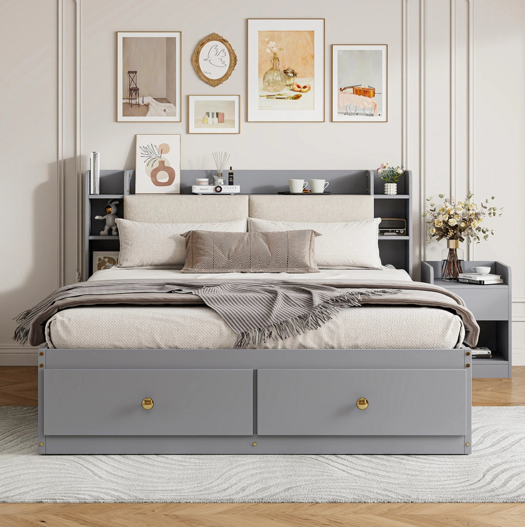 Letto matrimoniale multifunzione 140x200 cm in legno massiccio; con testiera imbottita e contenitore; grigio