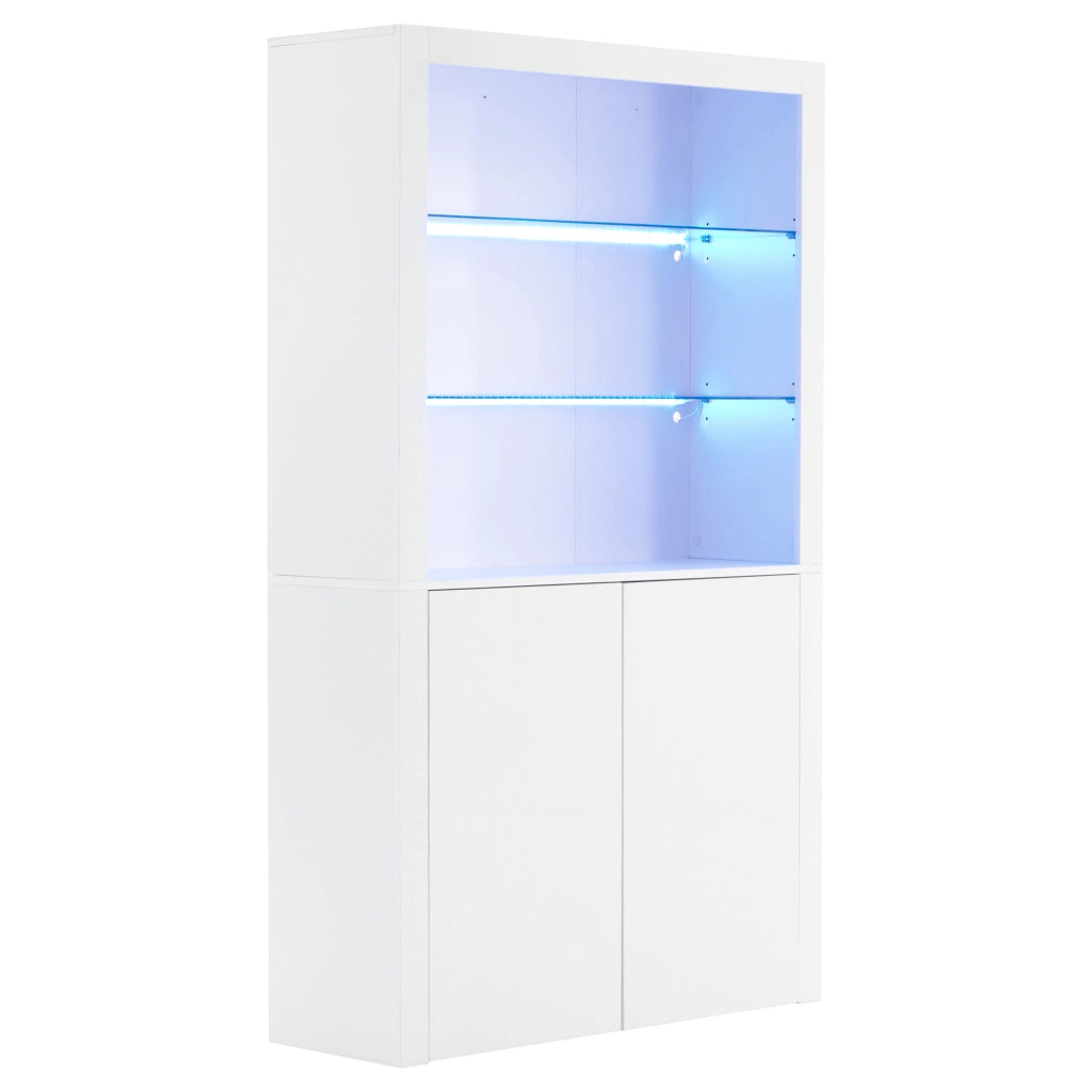 Vetrina LED con 2 ante e ripiani in vetro temperato, finitura lucida, per soggiorno, MDF bianco, 100 × 35 × 170 cm