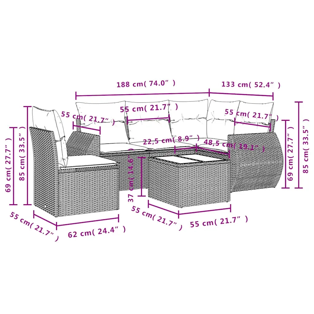 Set Divani da Giardino 6 pz con Cuscini Grigio in Polyrattan 3221380
