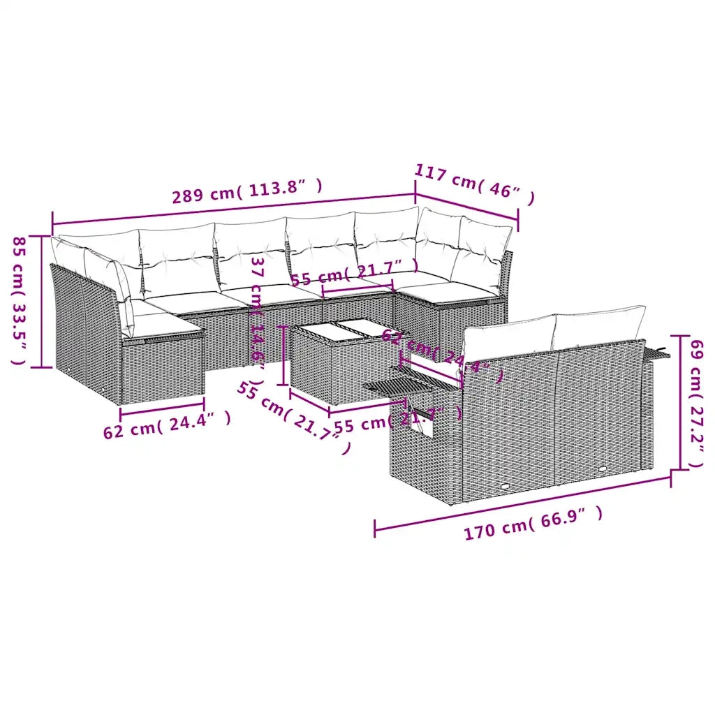 Set Divani da Giardino 10 pz con Cuscini Marrone in Polyrattan 3220633