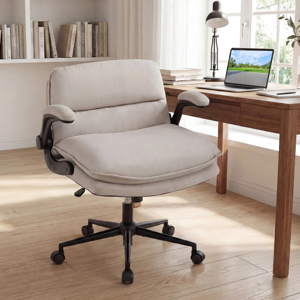 Sedia da ufficio con funzione dondolo e altezza regolabile, Poltrona relax con braccioli ribaltabili e 5 ruote portata 150 kg Beige
