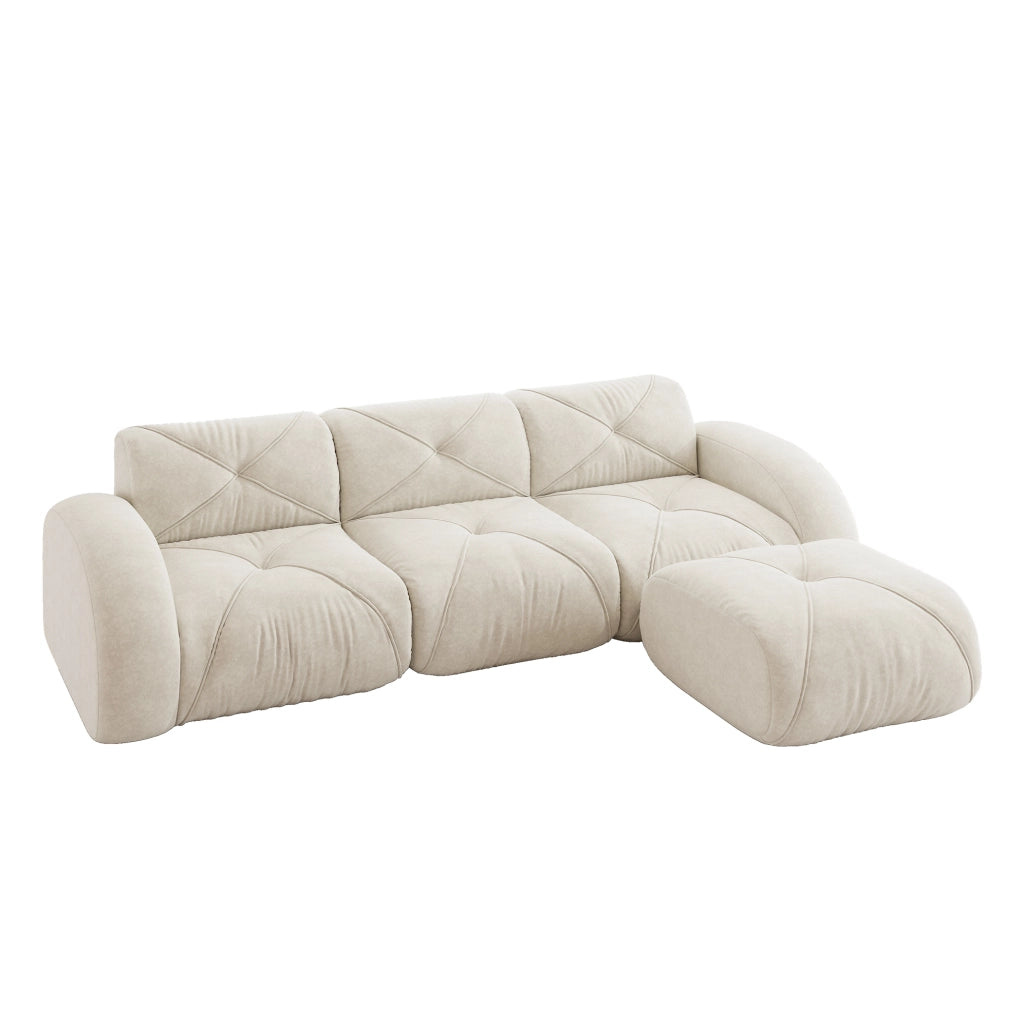 Divano modulare ad angolo in chenille; imbottitura in schiuma 32D; beige chiaro