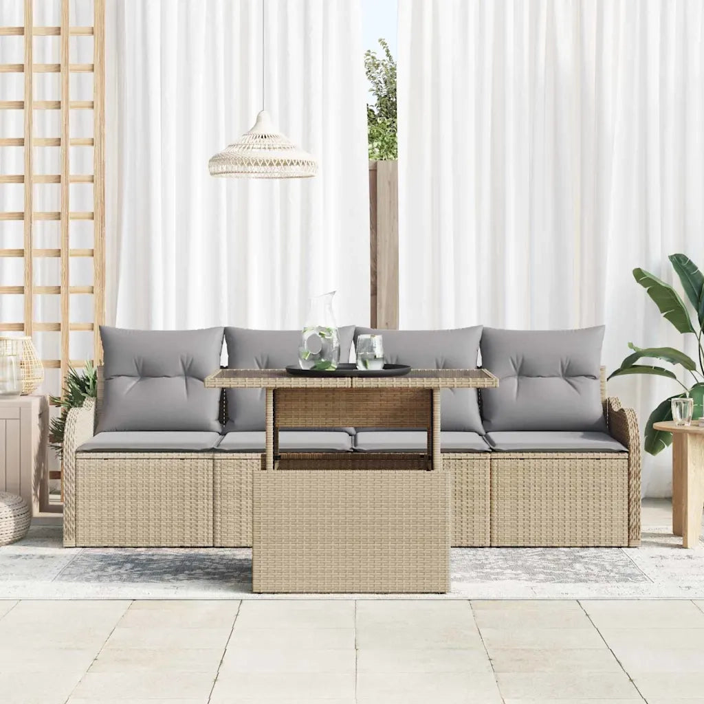 Set Divano da Giardino con cuscino 5 pcs Beige Poly Rattan