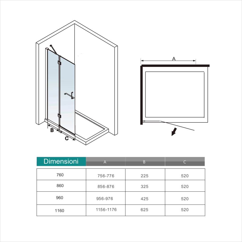 WALK IN Parete Doccia Paretina Fissa + Porta Movibile 86x190 cm in Vetro 8 mm Trasparente Temperato Anticalcare con Barra Stabilizzatrice Telaio Cromato Lucido