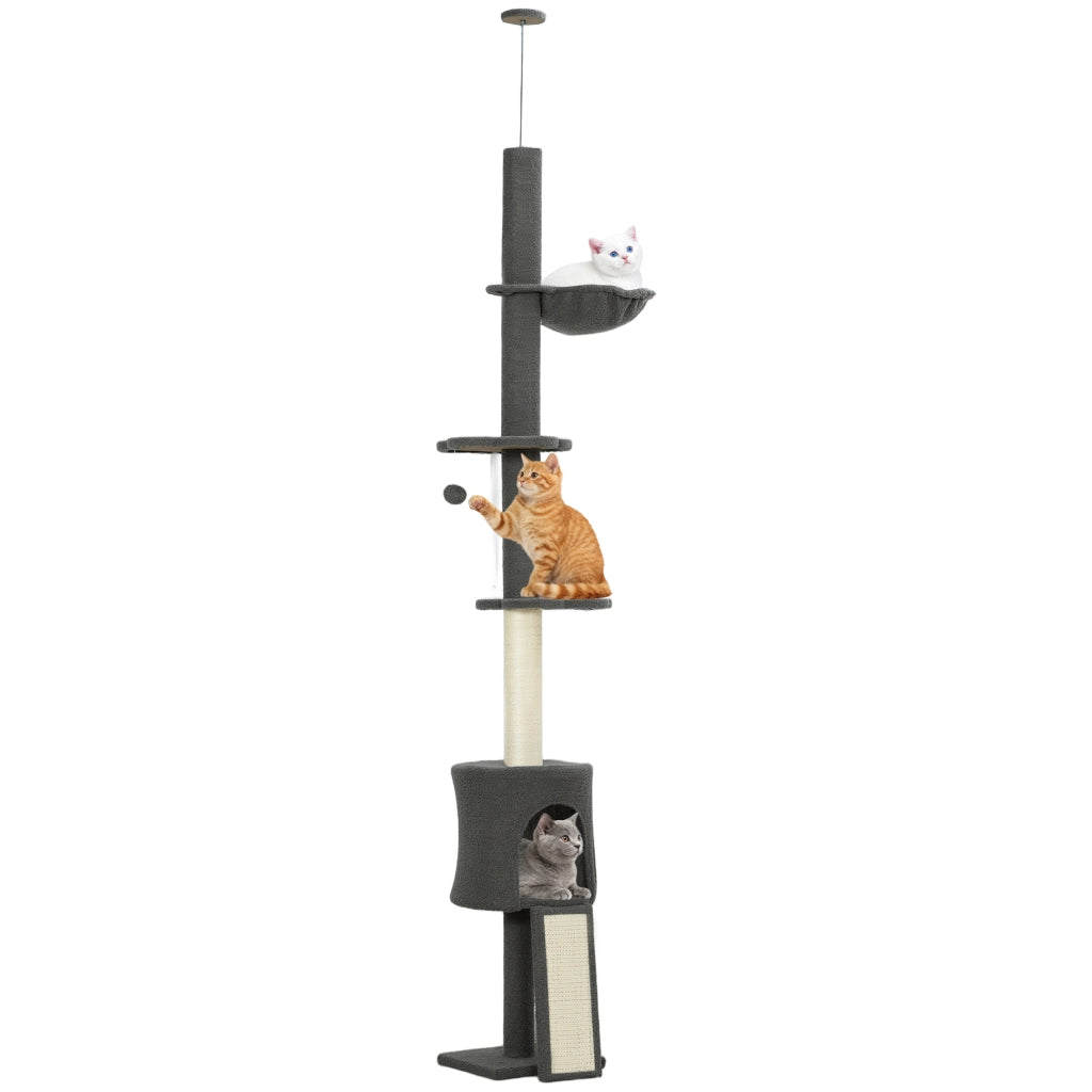 Albero per Gatti a Soffitto Alto con Casetta, Amaca e Piattaforme ¨C zephmum ¨C Grigio, 220-240 cm