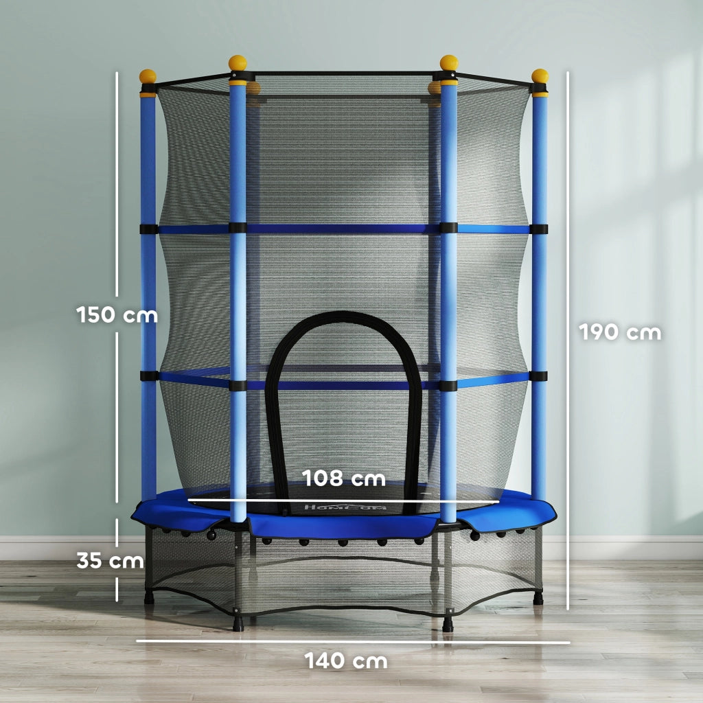 Tappeto Elastico per Bambini con Rete di Sicurezza e Pali Imbottiti Et¨¤ 3-10 Anni, ?140 x 190 cm, Blu