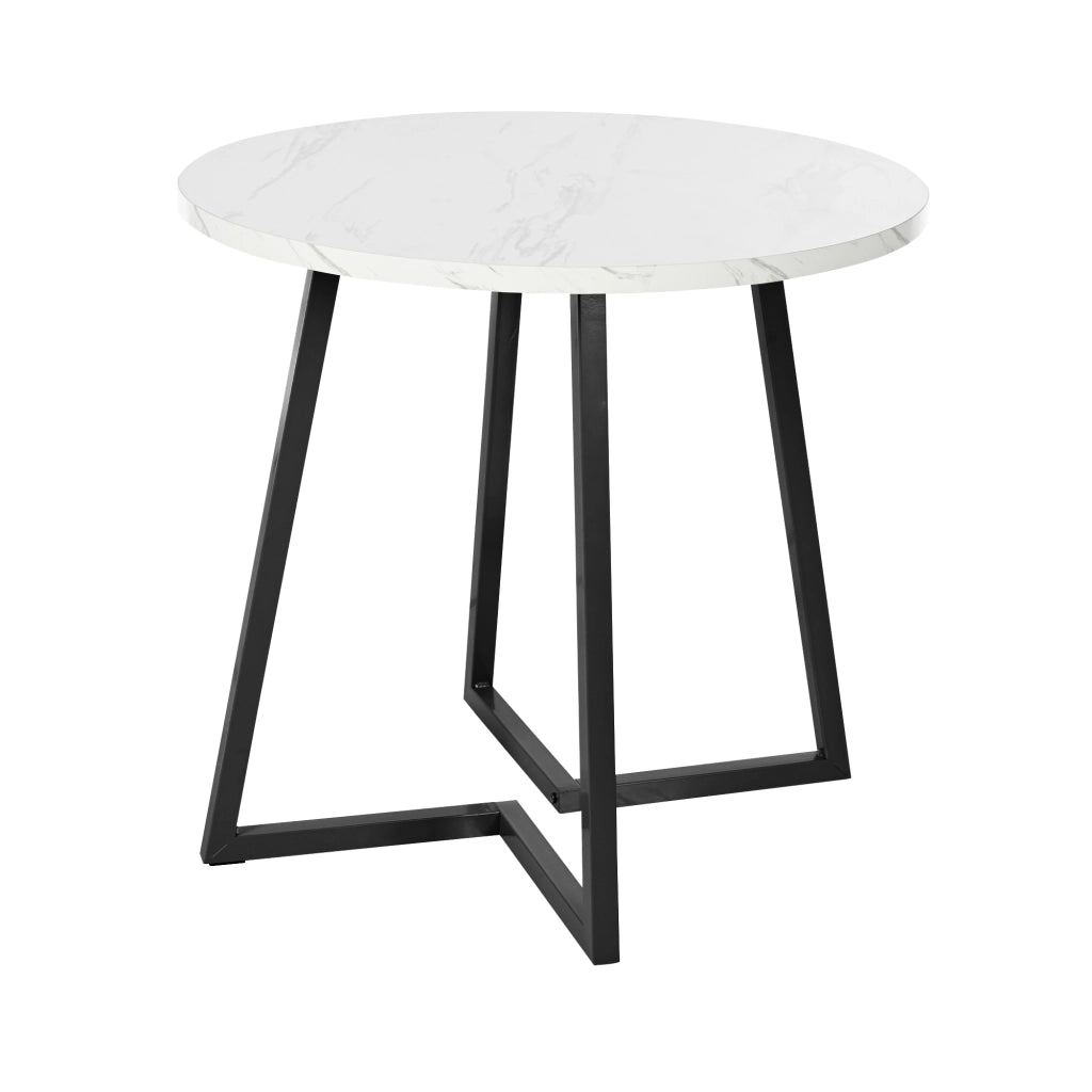 Tavolo da Pranzo Rotondo con Piedini Regolabili; Finitura Effetto Marmo; in MDF e Metallo; 80 x 80 x 75 cm; Bianco