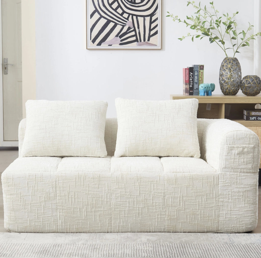 Divano con chaise longue in chenille beige 158x90x60 cm; con tasche laterali e cuscino