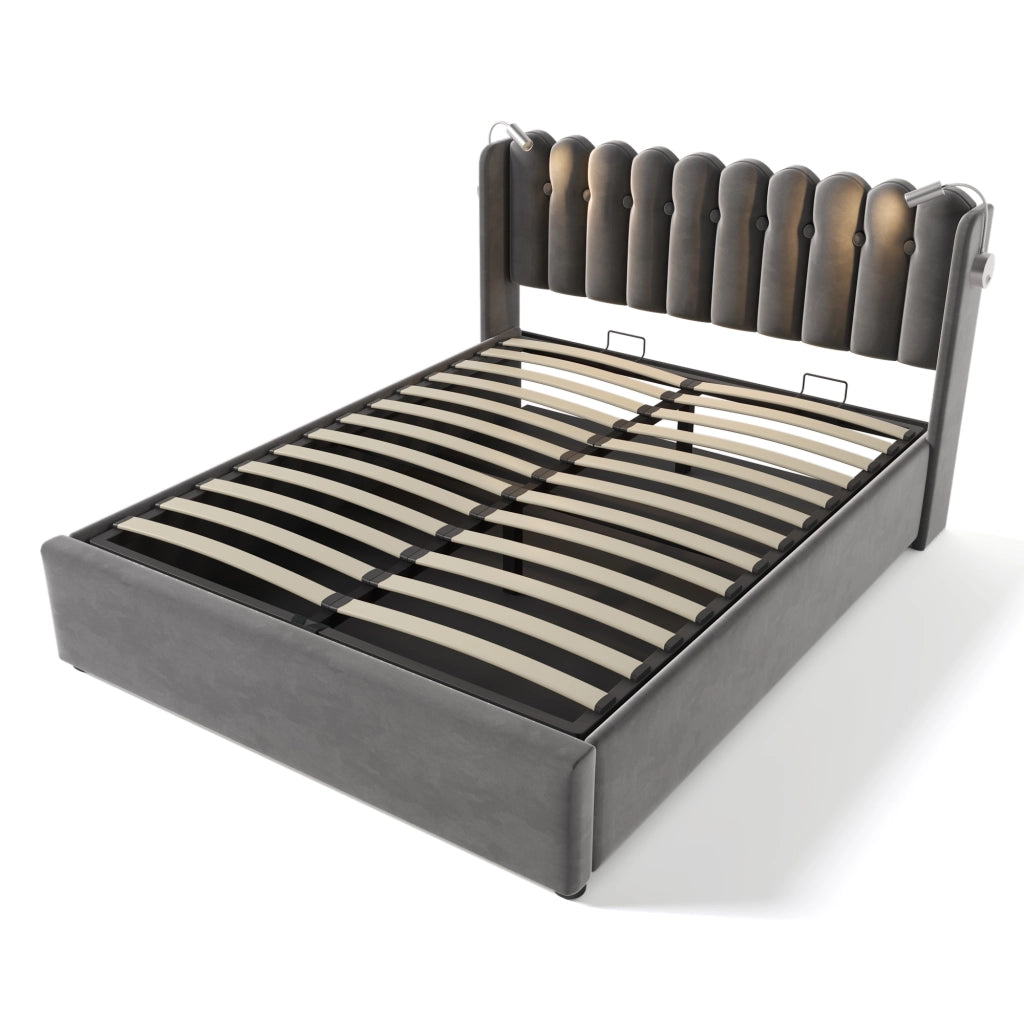 OKWISH Letto contenitore 160×200 cm, Letto Matrimoniale con USB, Lampada da Lettura e Testiera, senza Materasso, in Velluto, Grigio