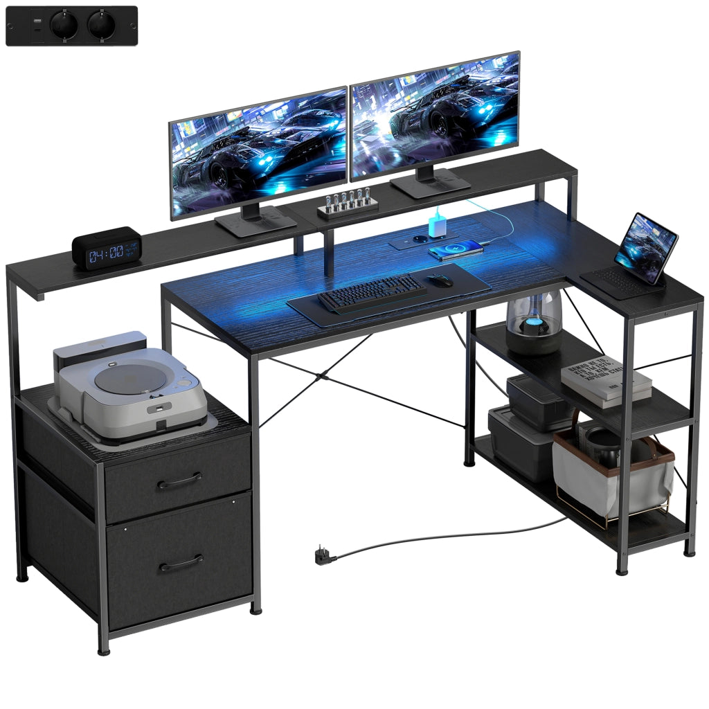 Scrivania Gaming Angolare con LED e Monitor ¨C Xylo ¨C 165x80x91,5 cm Nero Legno
