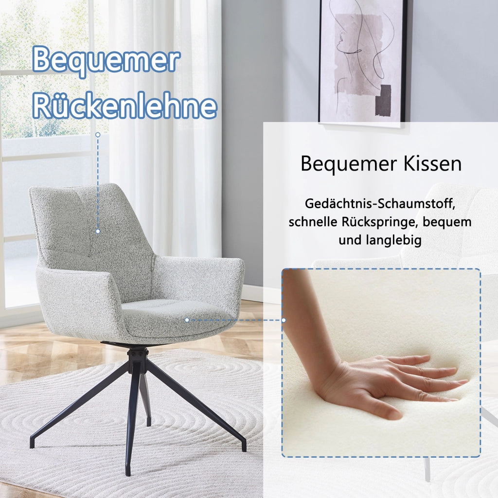 Chaise da pranzo girevole a 360° con braccioli e imbottitura in schiuma, in tessuto grigio chiaro e metallo nero