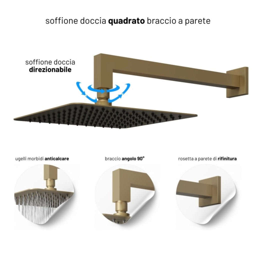Set per doccia soffione quadro in acciaio inox 25x25 millimetri color oro *** finitura- oro matt satinato, confezione 1