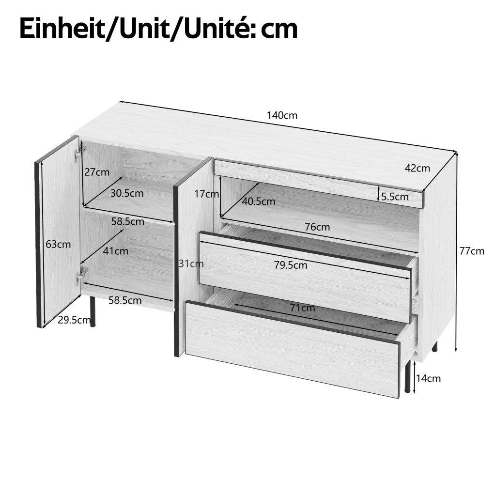 SIDEBOARD con 2 ante, 2 cassetti e ripiani aperti 140x42x77 cm bianco