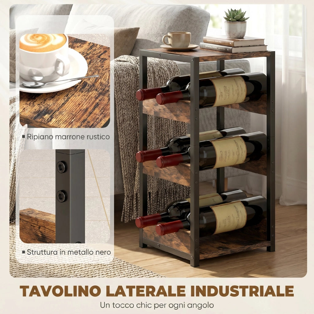 Tavolino ¨C Minimal ¨C marrone rustico, nero, scaffali ondulati, piedini regolabili