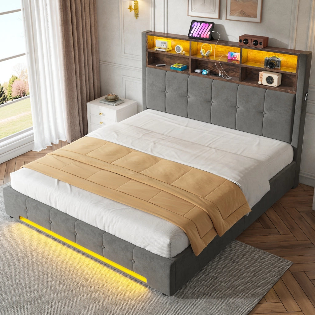 Letto matrimoniale 160x200 cm in velluto grigio scuro con testiera multifunzione, LED, USB-C e contenitore idraulico