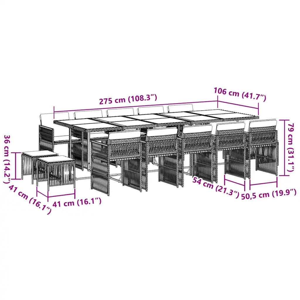 Set da Pranzo da Giardino 15 pz con Cuscini Nero in Polyrattan 3211711