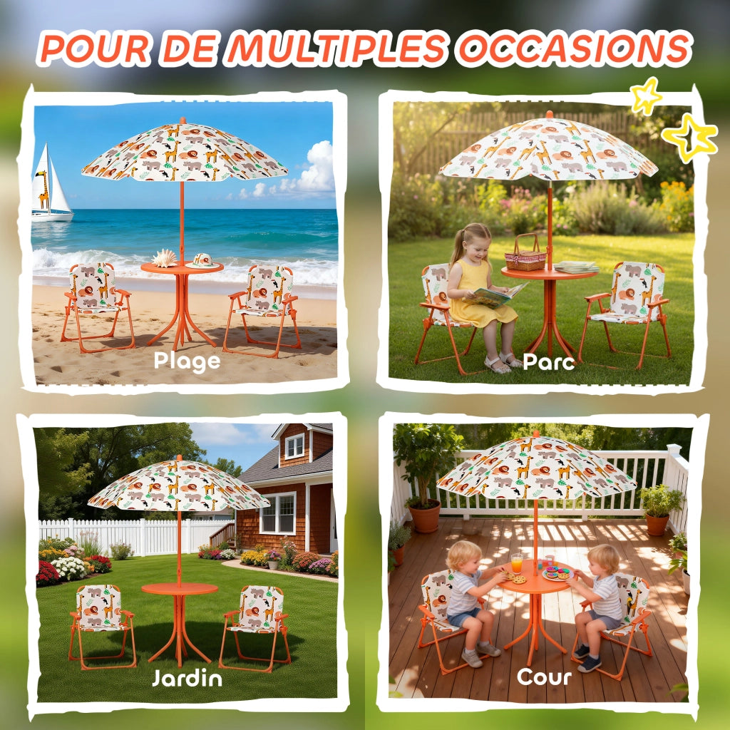 Set giardino bambini ¨C zephmum ¨C tavolo con 2 sedie pieghevoli e ombrellone, motivo animali, arancione