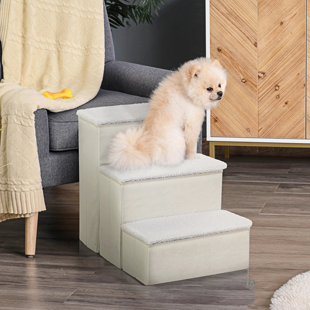 Scaletta per animali domestici, scaletta pieghevole per gatti e cani, 3 gradini con vano portaoggetti, in MDF, bianca, 40x54x48 cm