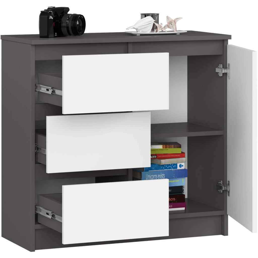Cassettiera AKORD JERRY Cassettiera Grigia Grafite 80 cm 1 anta 3 cassetti inserto frontale Bianco 80x35x77 cm