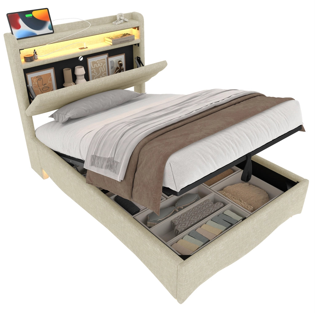letto imbottito lino beige 90 x 200 cm