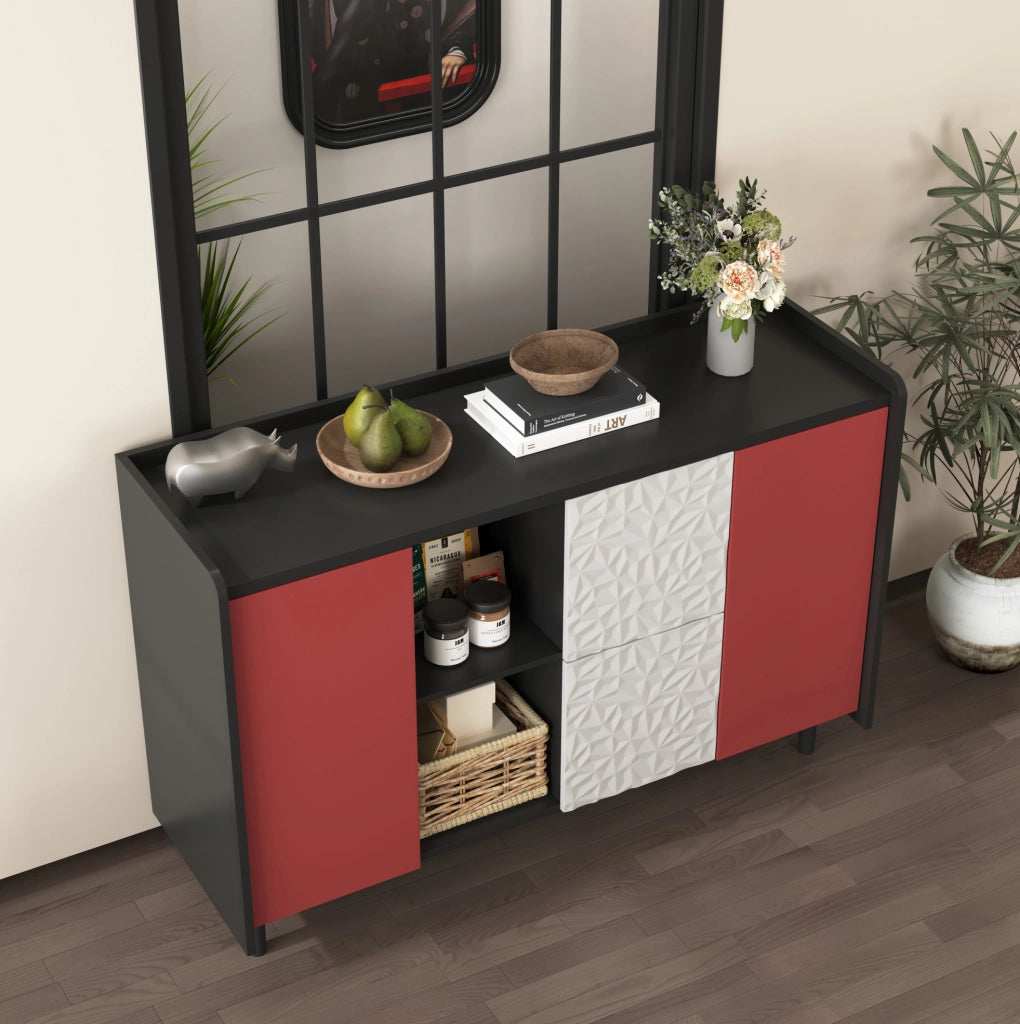 Credenza buffet con 2 cassetti e vano aperto 120x40x80 cm in MDF nero e rosso