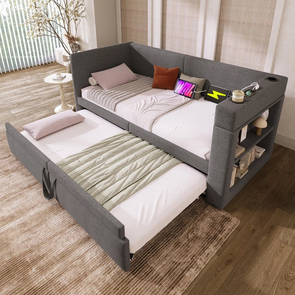 Letto Singolo Imbottito con Divano Estraibile ¨C MINIMAL ¨C Tessuto Grigio 90x200
