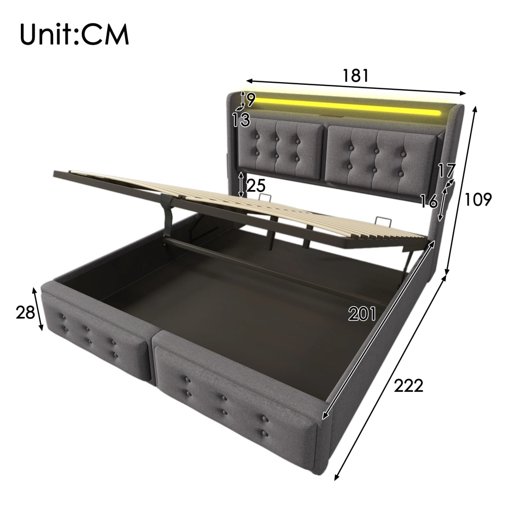 LETTO Contenitore 180x200 cm con LED e USB-C Tessuto Grigio