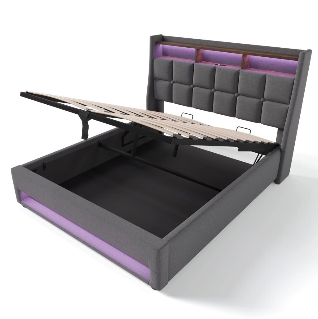 Letto imbottito 140x200 cm con LED, USB, vano contenitore e materasso incluso