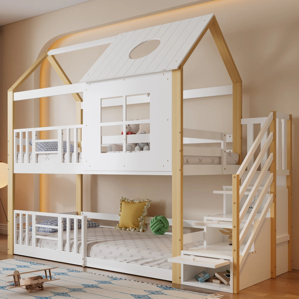 LETTO A CASTELLO 90x200 cm con scala contenitore, bianco e naturale