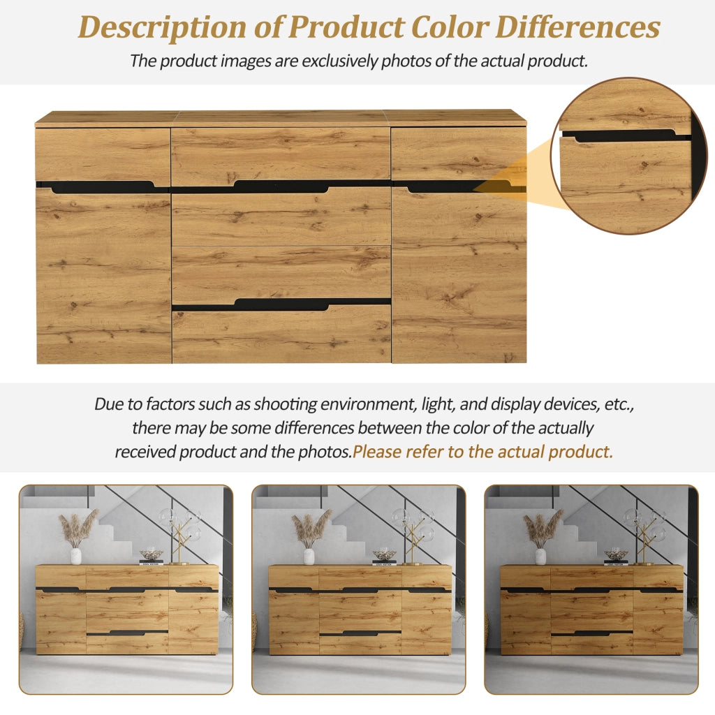 Credenza con 2 ante e 4 cassetti con ripiani e vano contenitore per soggiorno; in truciolare; nero e legno; 160×40×80 cm