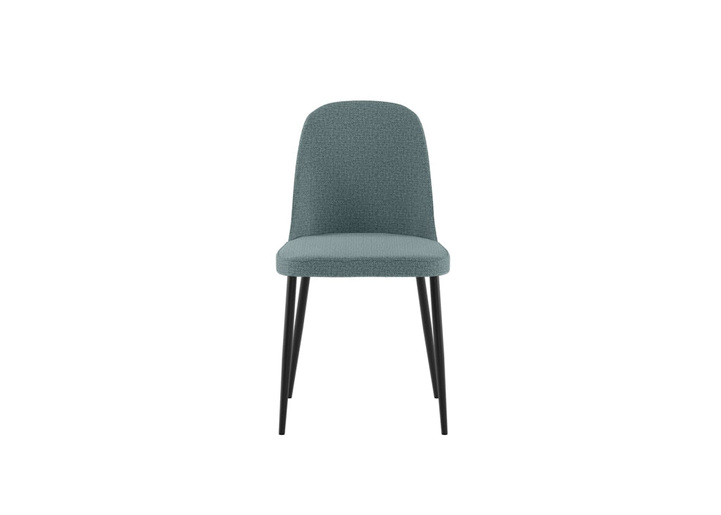 Sedia da pranzo Tamara con struttura in polipropilene e rivestimento in tessuto acquamarina, gambe in metallo nero - Design moderno