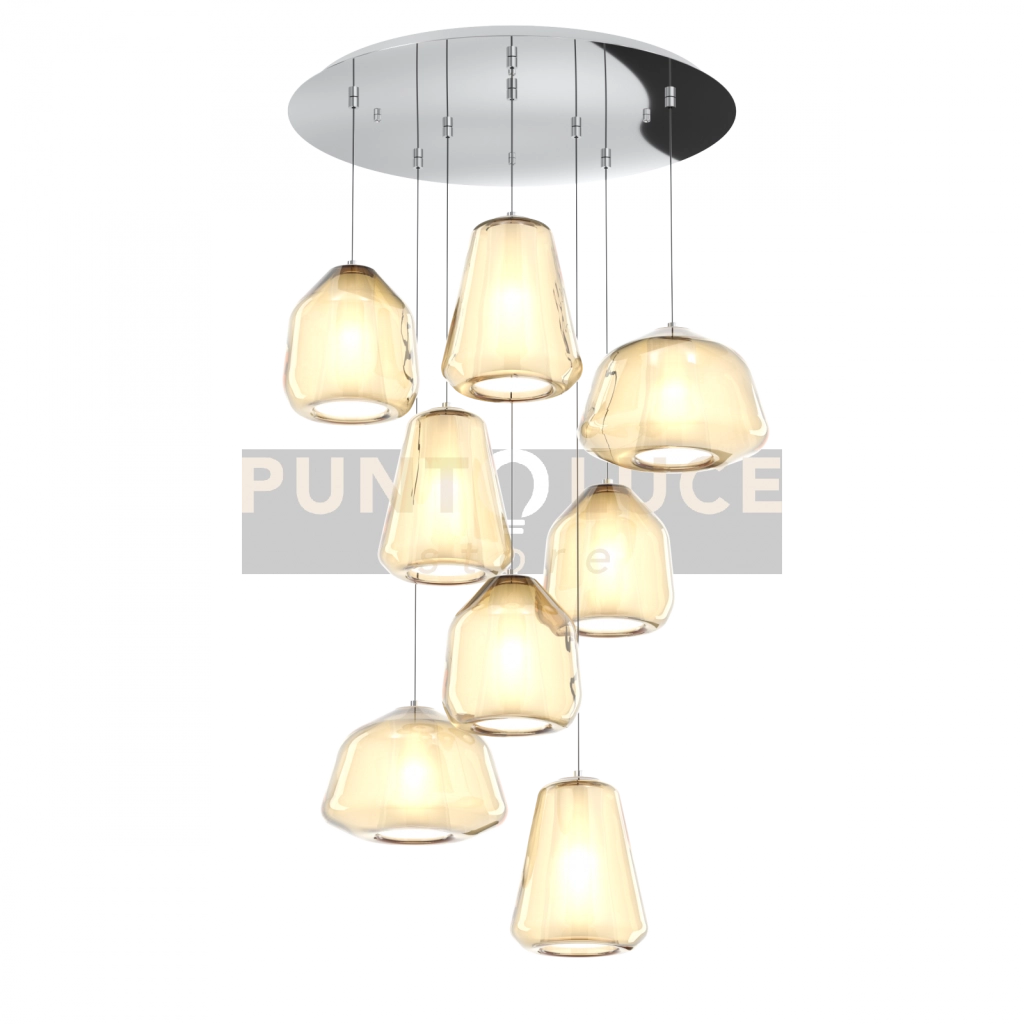 SOSPENSIONE CROMO 8 LUCI TONDA VETRI 2X ALPHA + 3X BETA + 3X GAMMA AMBRA 1176CR-S8 T ABG-AM