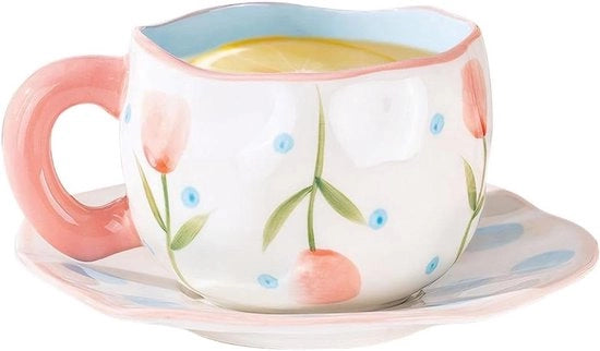 Set di tazze da caffè a forma irregolare con fiori dipinti a mano, set di tazze e piatti per cappuccino, set da tè per cucine moderne, regalo per la mamma