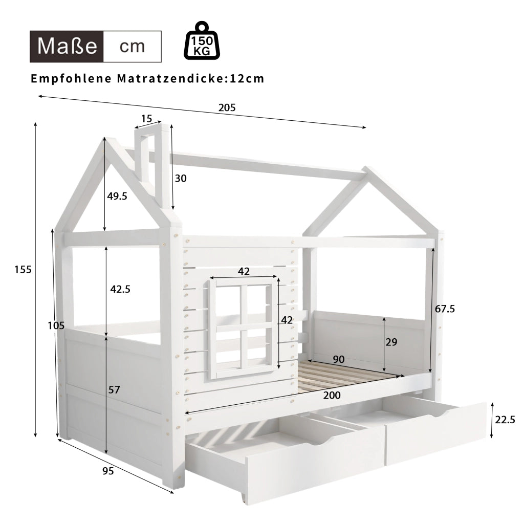 LETTO A CASETTA 90x200 cm Legno massello di pino Bianco con 2 cassetti