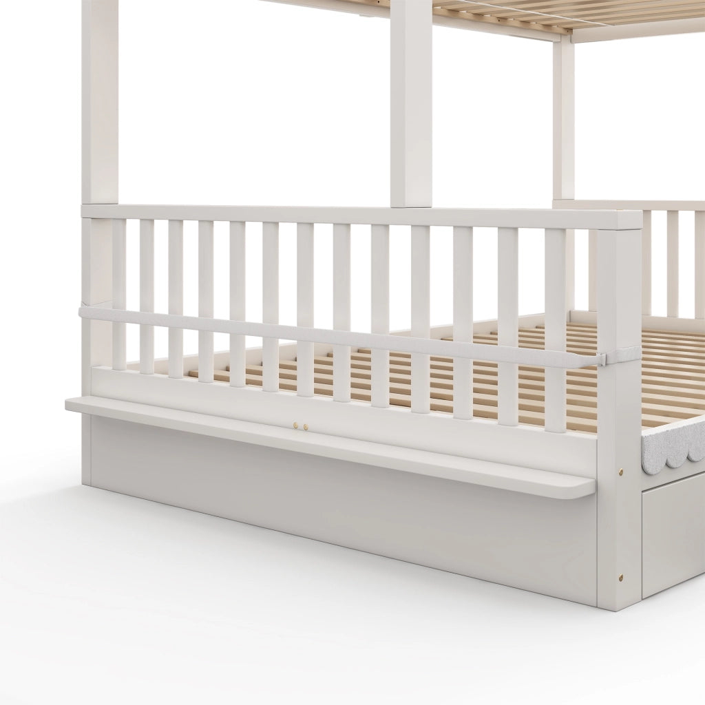 Letto a castello 90×200 cm e 140×200 cm con 2 cassetti e portariviste; senza materasso; legno; bianco